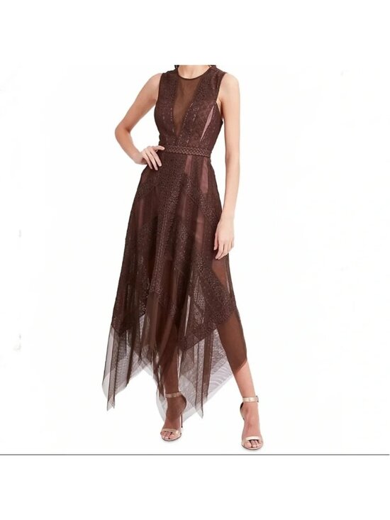 BCBGMaxAzria Dresses & Skirts - NWT BCBG MaxAzria Andi in Coffee Bean Brown Lace Handkerchief Hem Sheer Dress 12